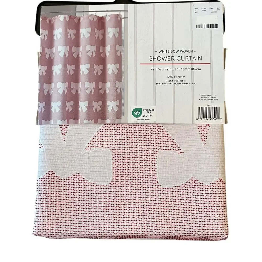 Holiday Traditions WHITE BOW Woven Shower Curtain  72x72 Red & White New